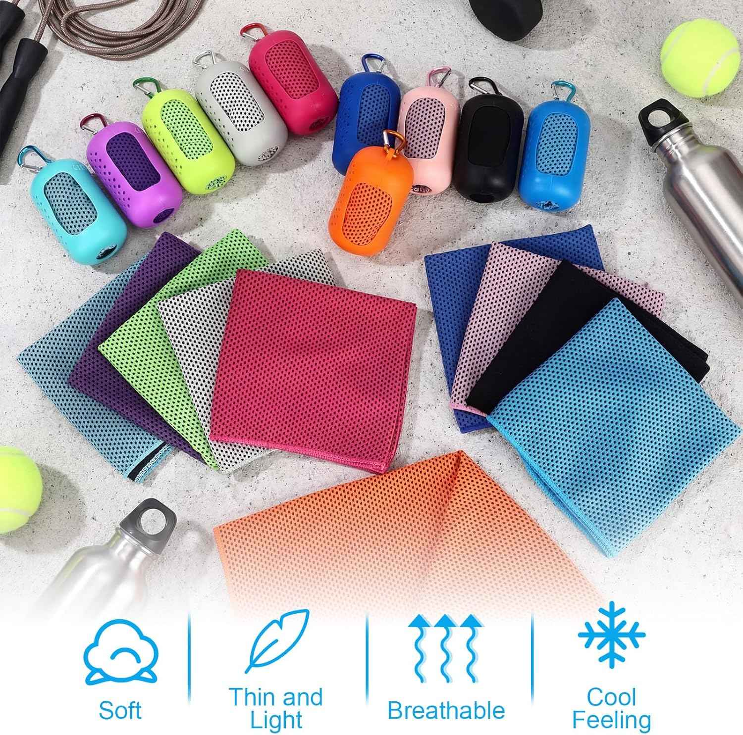 Peryiter 20 Pack Cooling Towels with Silicone Carry Cases Cooling Towels Bulk for Neck and Face Hot Weather Ice Towel Quick Drying Sweat for Sports Yoga Gym Running Fitness 10 Colors 35 x 12 Inches