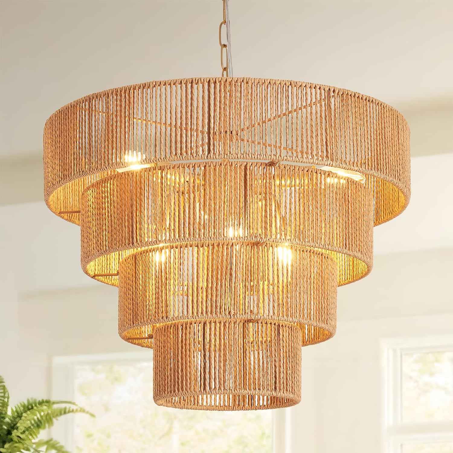 19.7” Boho Rattan Chandelier 6-Lights Hand-Woven Rattan Dining Room Light Fixture Vintage Farmhouse Chandelier Wicker Rustic Hanging Ceiling Pendant Light for Kitchen Island, Bedroom