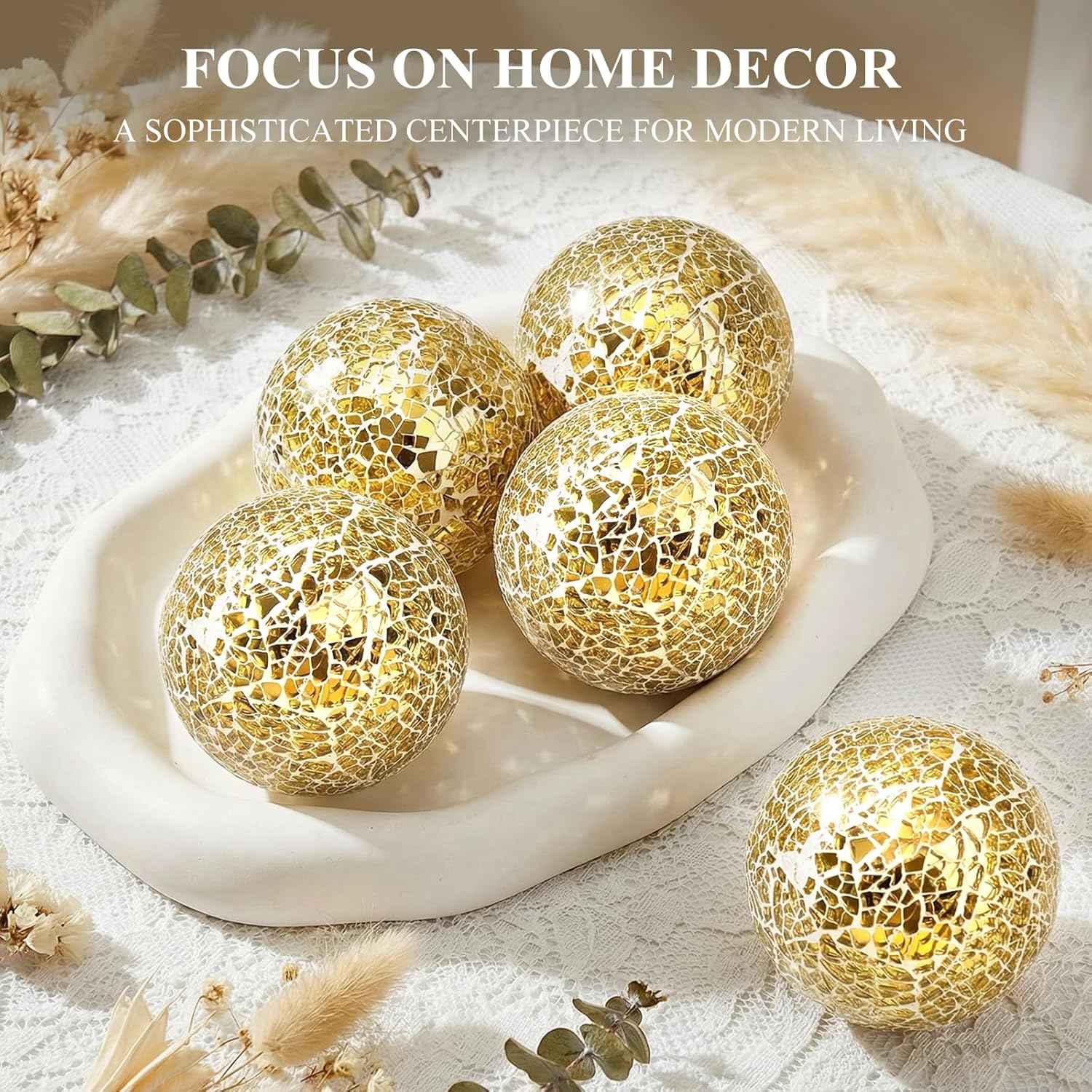 HAKACC 5PCS Decorative Balls for Bowls, 3 inch Gold Orbs Glass Balls for Centerpiece Bowls Mosaic Sphere for Home Decoration Dining Table