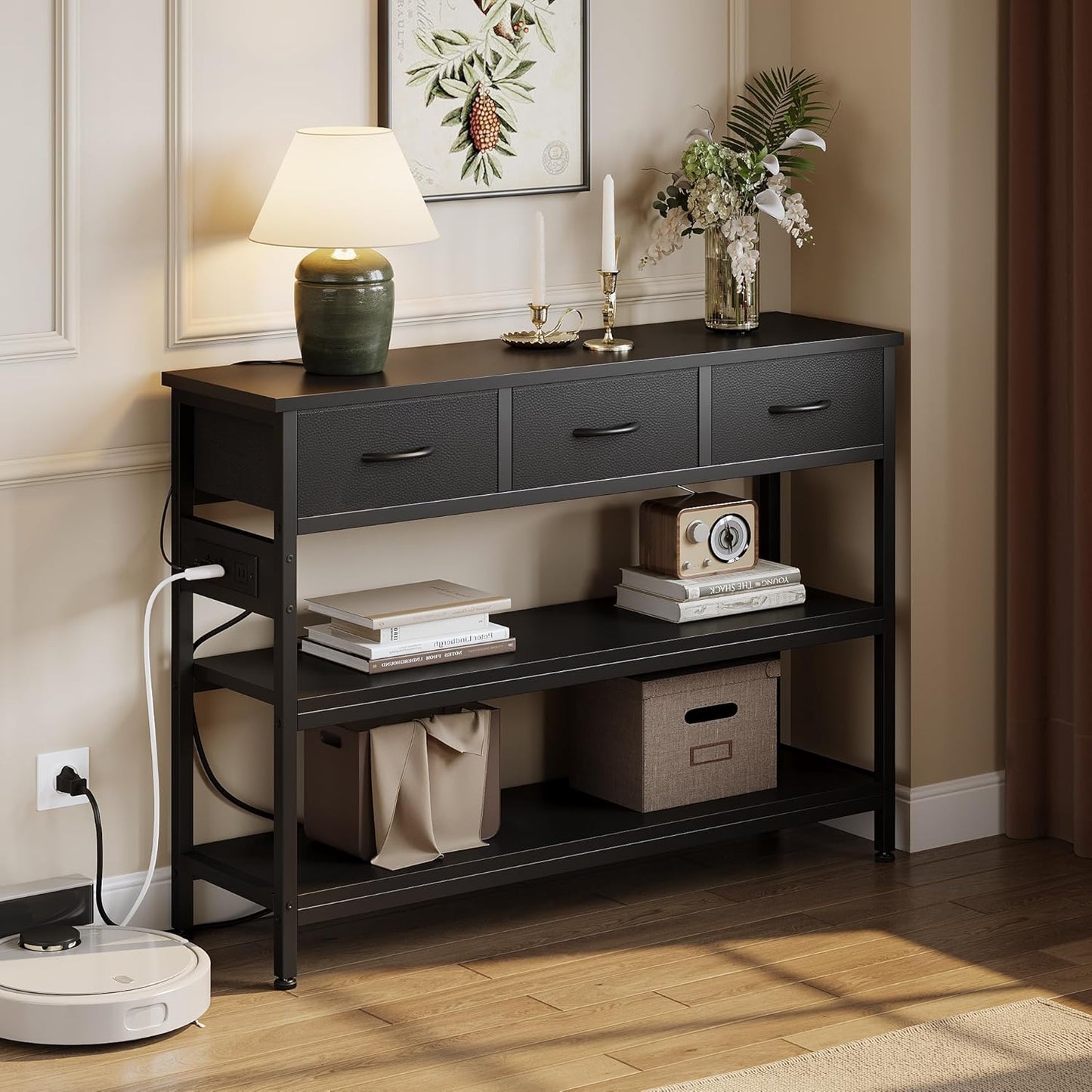Lulive Entryway Table with Power Outlets, Console Table with 3 Fabric Drawers, Sofa Table for Living Room, Hallway, Couch, Foyer, Height Adjustable (Black, 43")