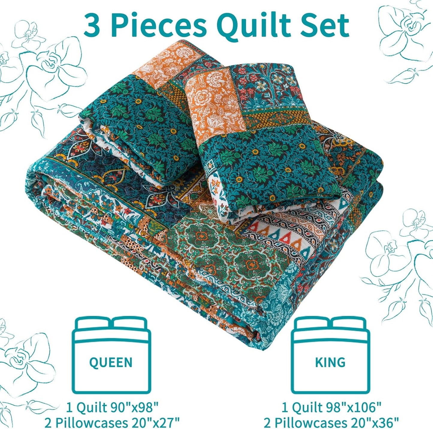 VAPUTAR Cotton Quilt Queen Size Bedding Set - 3 Pieces Farmhouse Queen Size Quilts for Bed, Lightweight Vintage Coverlets Bedspreads for Bedroom