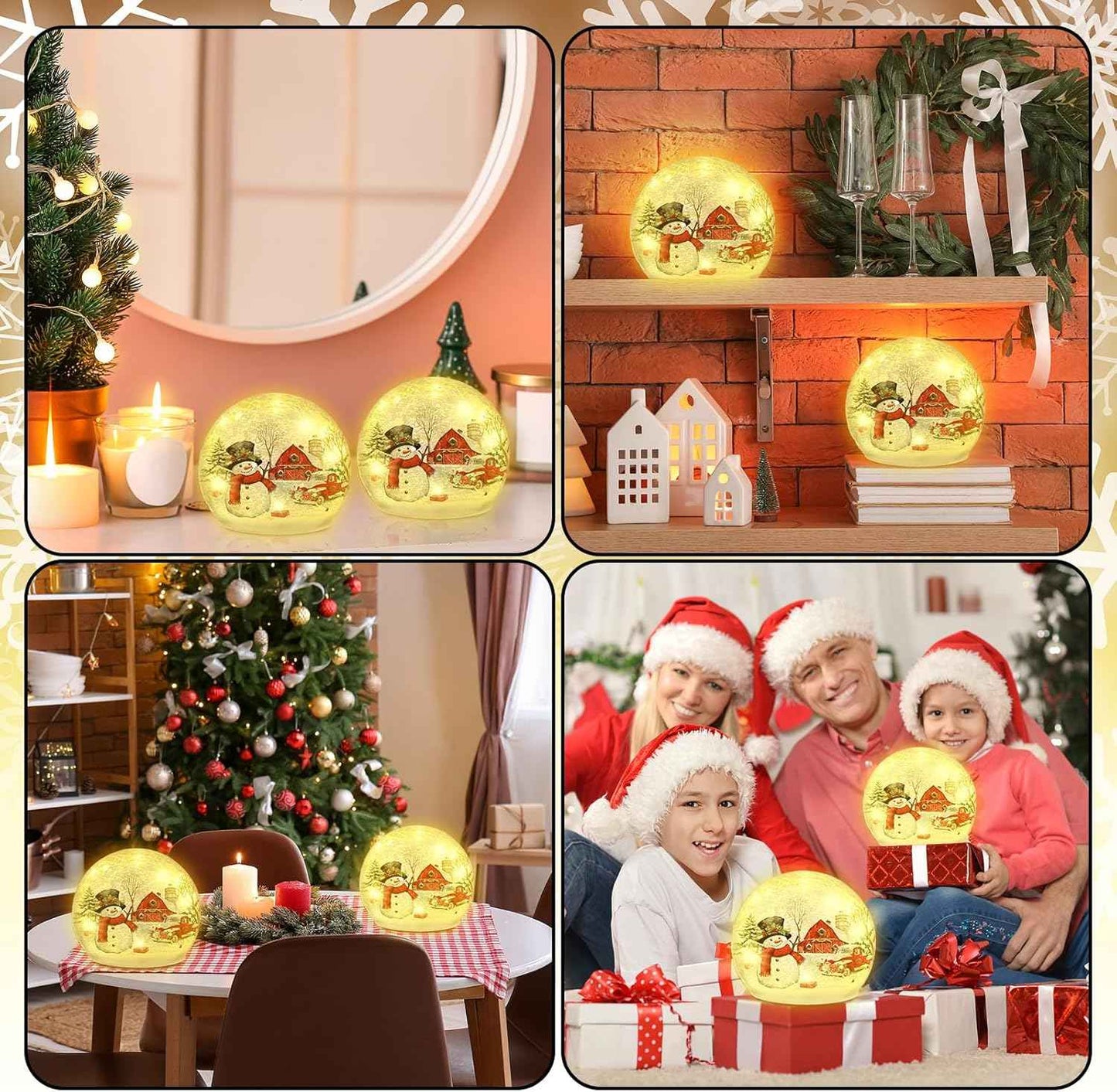 Tujoe 2 Pcs Christmas Decorations Indoor Snowman Crackle Glass Globe 4" Ball Lamp Night Lights with LED Timer Battery Operated Lighted Christmas Table Decorations for Home Centerpiece Party Gift