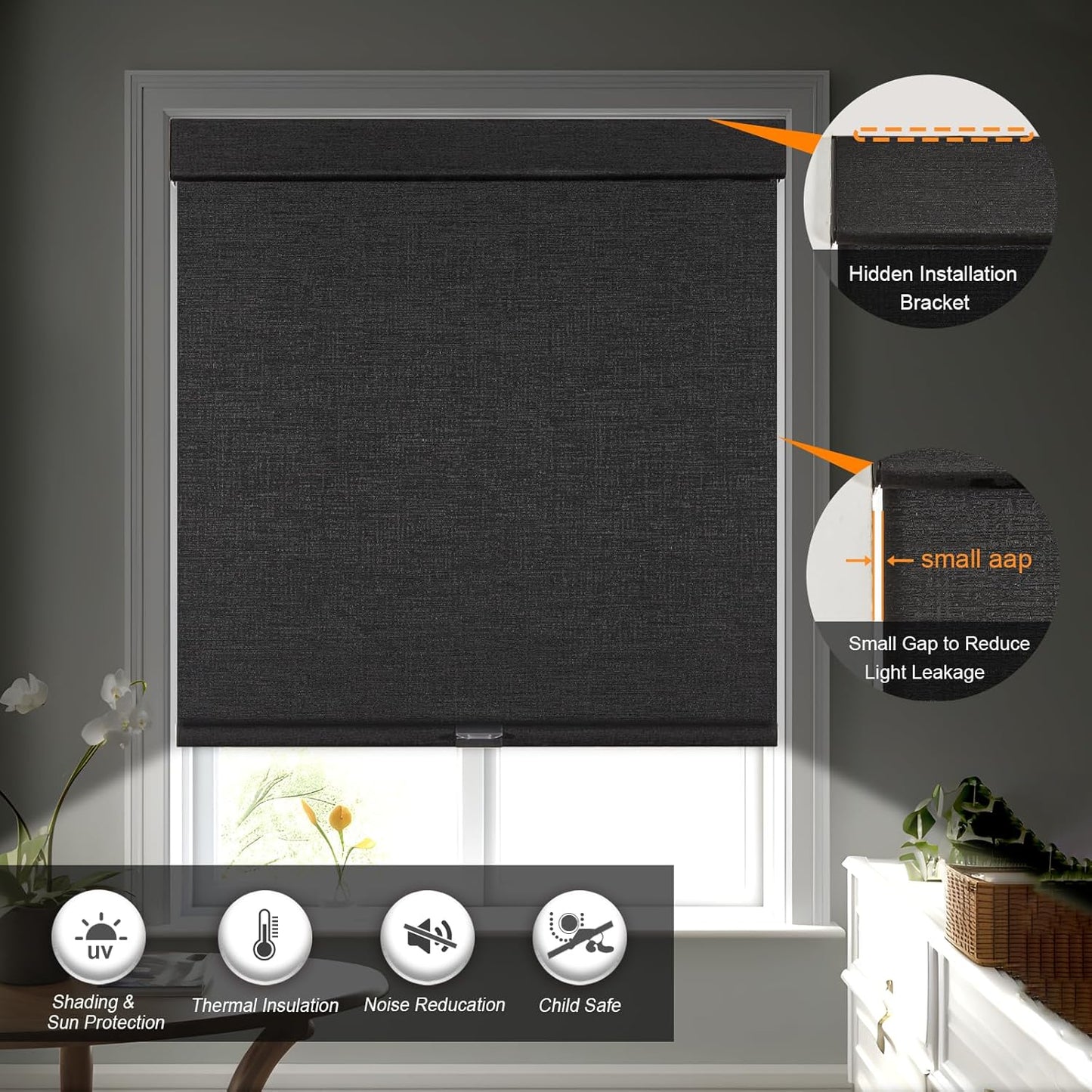 Persilux Free-Stop Cordless Blinds for Indoor Windows with Cover, Window Shades Blackout Roller Blinds, Thermal Insulated Fabric UV Protection for Kitchen, Office, Living Room, Black(45" W x 64" H)