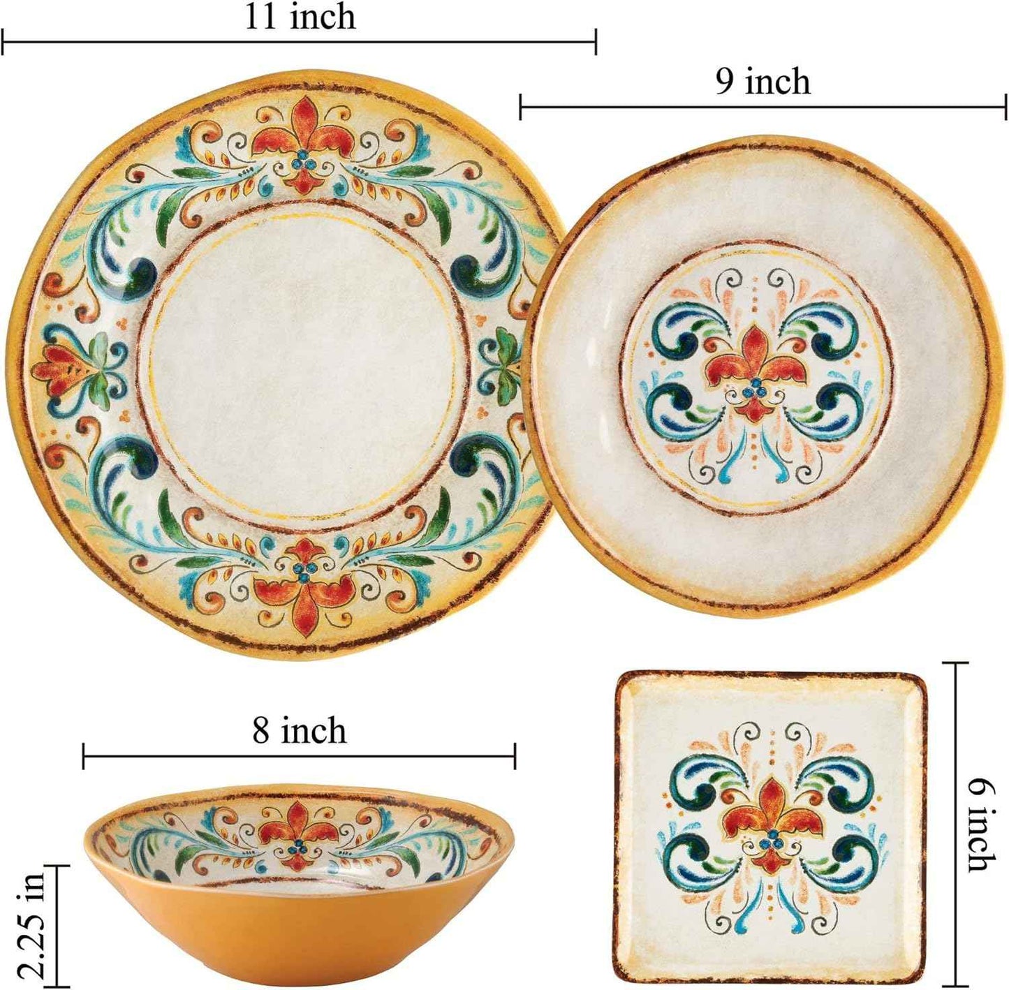 UPware 16 Piece Tuscany Melamine Dinnerware Sets, Outdoor Dishes Set, Plates and Bowls Sets, Service for 4, Multicolor
