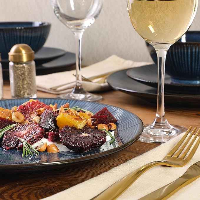 Gibson Elite Midnight Lune Plates and Bowls Sets, 12-Piece Stoneware Dinnerware Sets, Reactive Glaze Dish Set - Blue