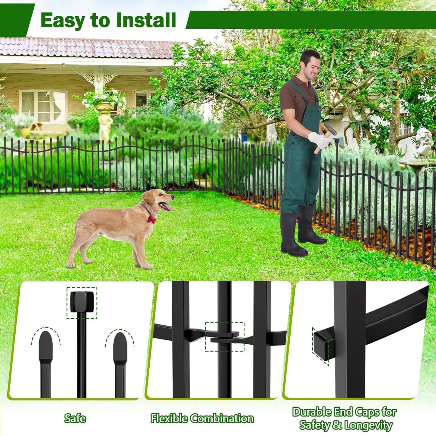 10 Panels No Dig Garden Fence - 24in H x 22.5ft L, Reinforced Square Tube Rustproof Metal Animal Barrier for Dogs & Rabbits, Outdoor Decorative Border Fencing for Yards & Gardens