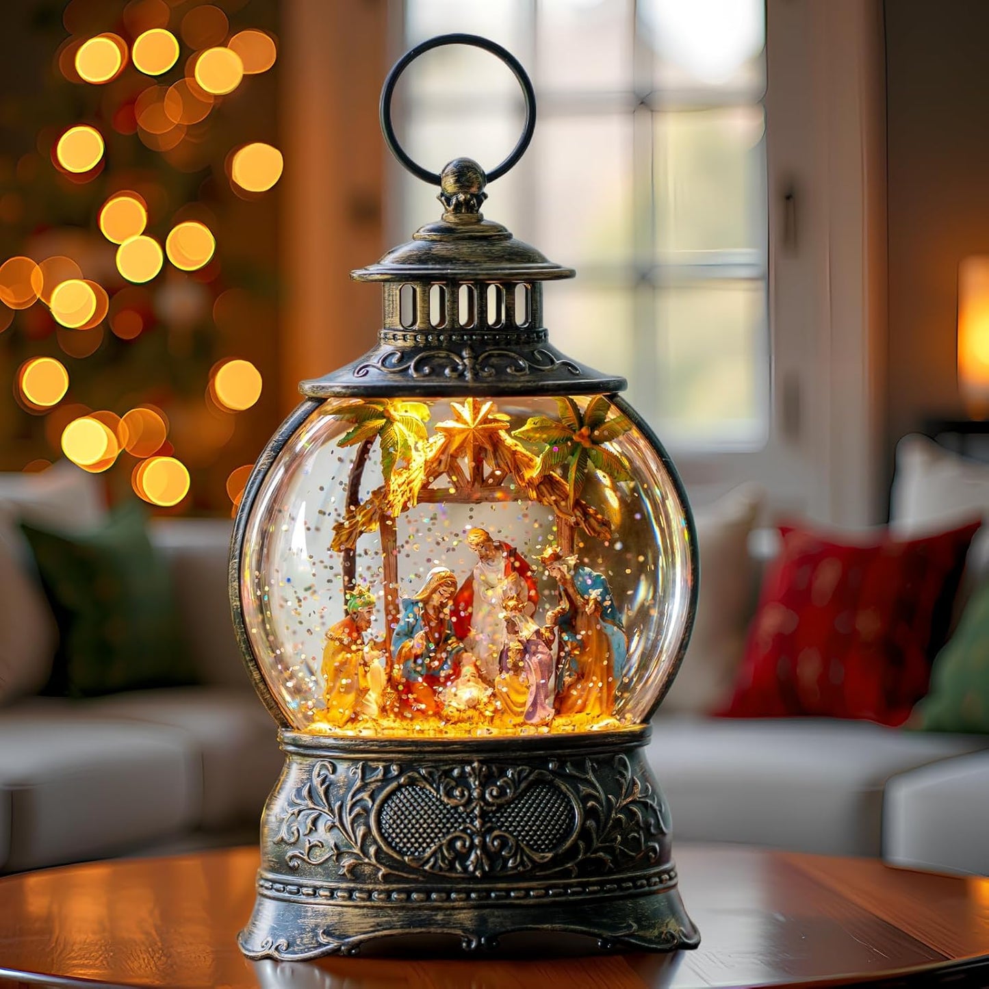 Christmas Snow Globes Lantern Christmas Snow Globe with Music Holy Family Nativity Scene,6H Timer,USB Lined/Battery Operated Lighted Lantern for Christmas Festival Decoration Gifts
