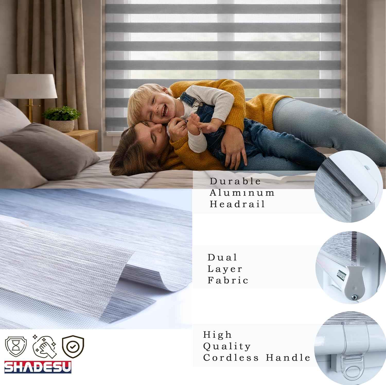 ShadesU Cordless Zebra Blinds – Light Filtering Dual-Layer Window Shades for Privacy (Grey Color) (Maximum Height 72") (Width 73")