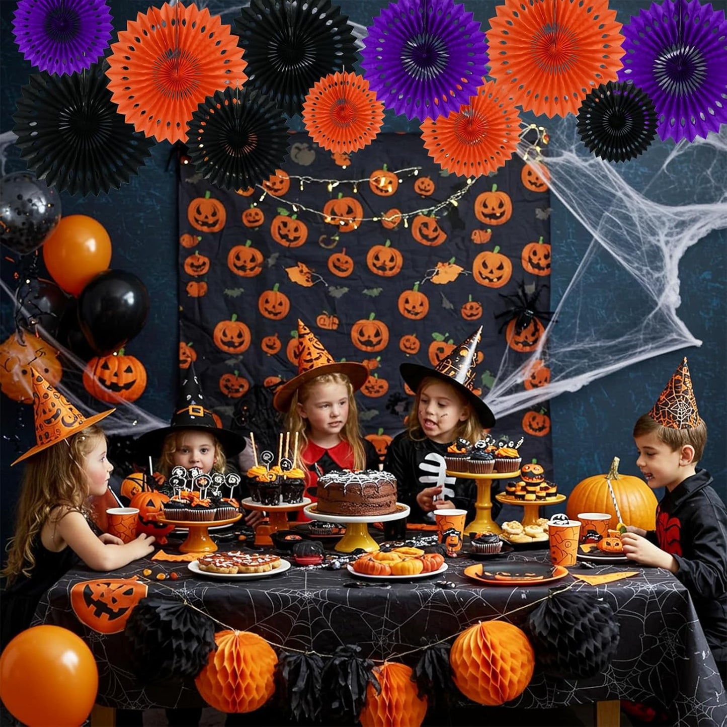 BEISHIDA Black Orange Purple Hanging Honeycomb Round Paper Fans Decoration Set for New Year Baby Shower Halloween Birthday Wedding Photo Booth Backdrops Anniversary Paper Party Supplies 11packs