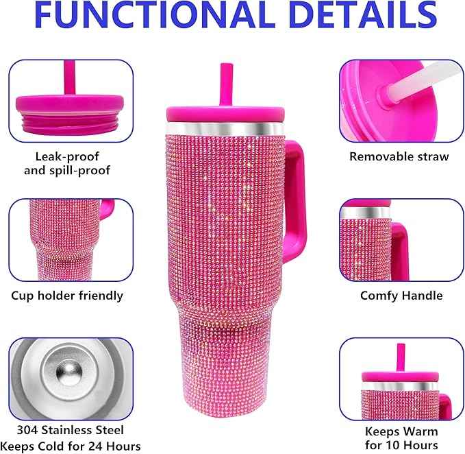 40-OZ Insulated Water Bottle,Insulated Stainless Steel Tumbler,Reusable Cold Drink Thermos,BPA-Free, Double-Wall Stainless Steel Water Bottle (Rose Red-Diamond, 40, Fluid Ounces)