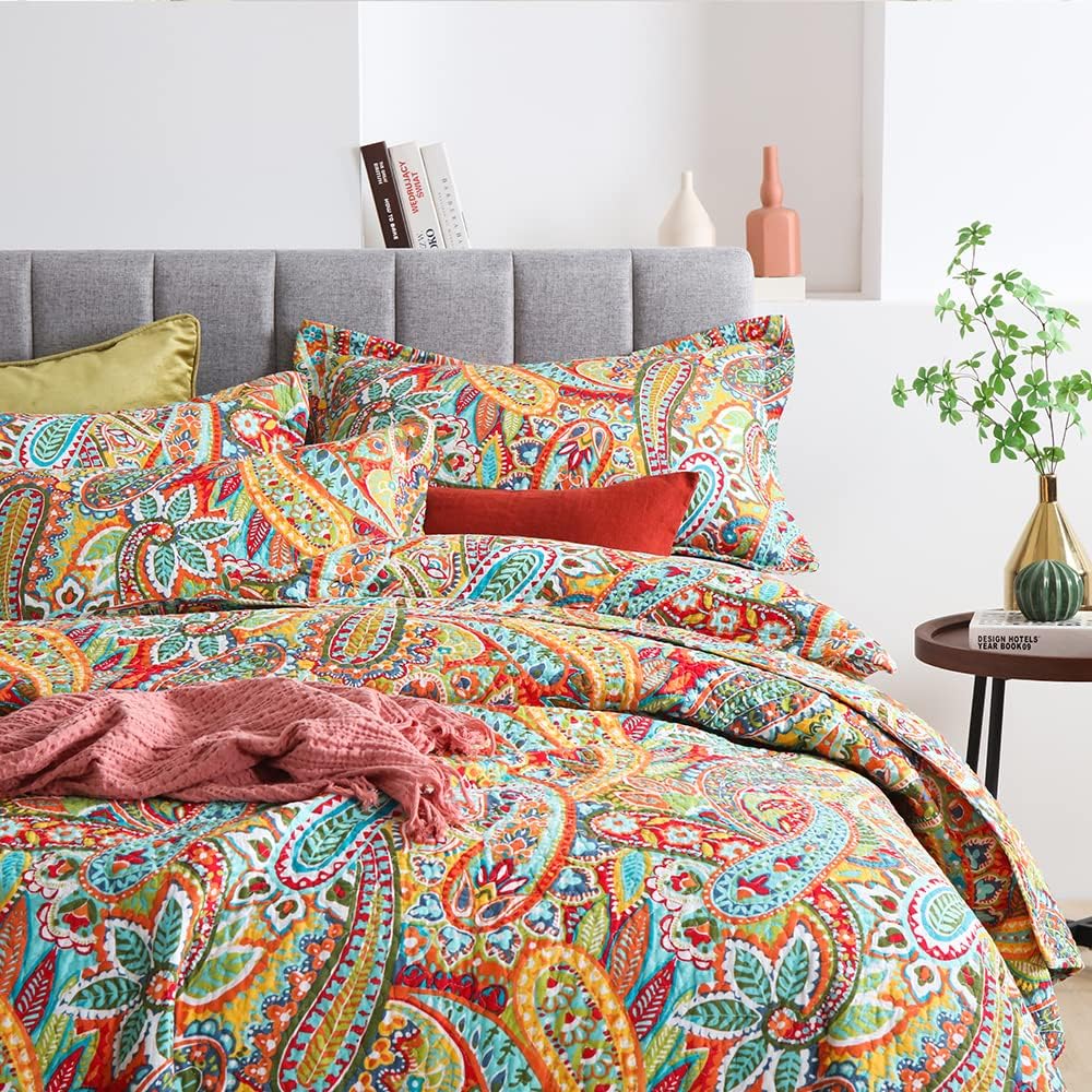 Autumn Dream Cotton Bedspread Quilt Sets, 3 Pieces Reversible Comforter Coverlet Sets, Yellow Gorgeous Paisley,Queen Size