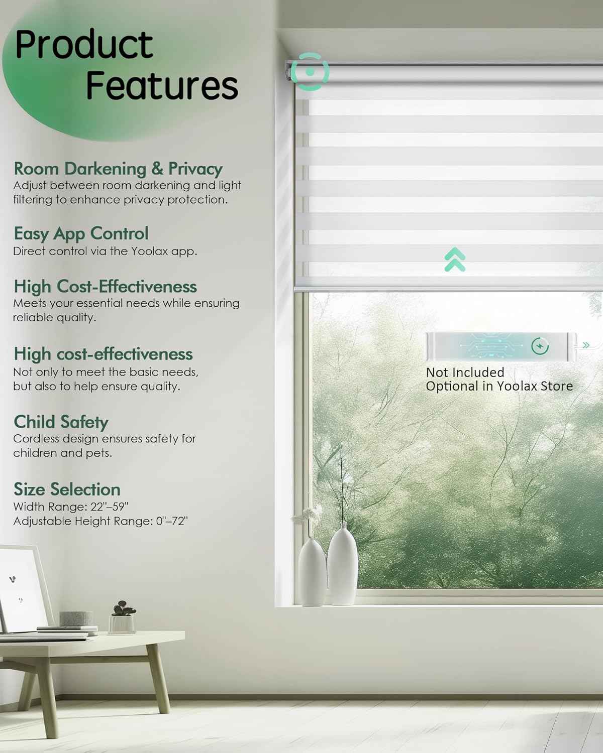 Yoolax Motorized Zebra Blinds, Electric Zebra Shades for Indoor Windows, Motorized Shades Light Control Horizontal, Automatic Window Shades for Bedroom Office Kitchen (80% Shading White, 34" x 72")