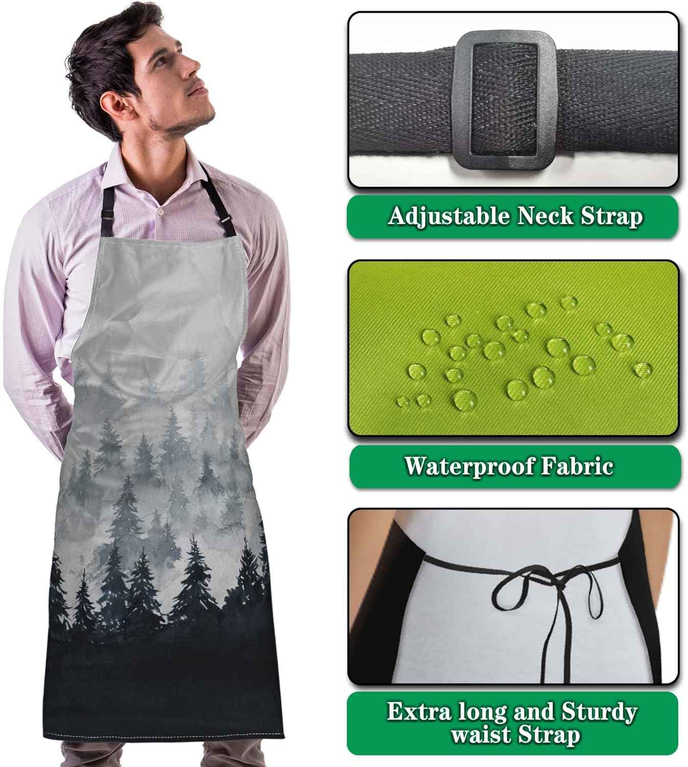 Chef Apron for Men Watercolor Mountains Landscape Trees Pinafore Aprons for Women for Kitchen Cooking Restaurant BBQ Painting Crafting 27” (W) x 31” (H), Waterproof Apron