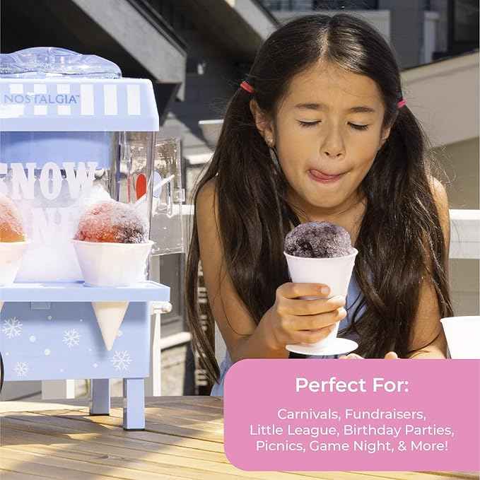 Nostalgia Snow Cone Machine – Retro Table-Top 8 Oz Snow Cone Maker Makes 20 ICY Treats– Countertop Slushie Machine Includes 2 Reusable Plastic Cups & Ice Scoop-Vintage Blue