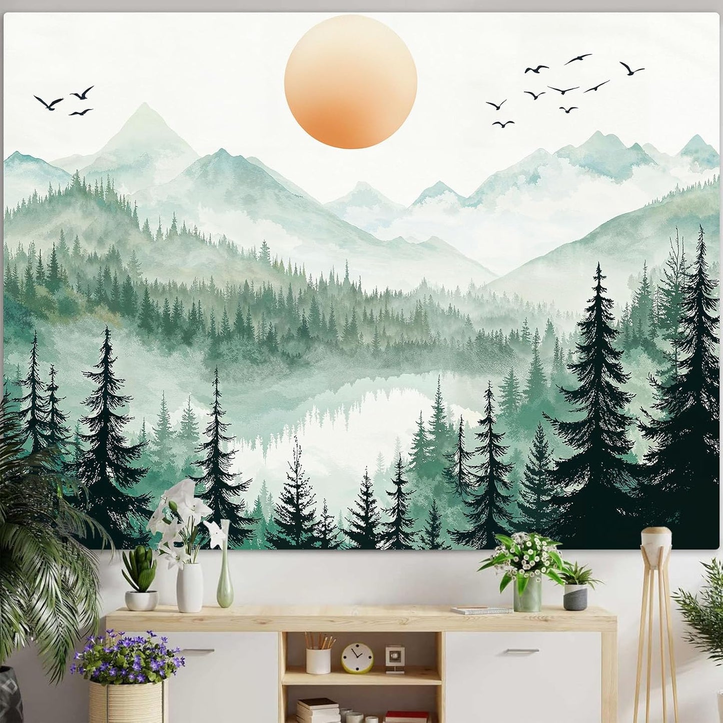 Accnicc Misty Forest Mountain Tapestry Sage Green Nature Pine Tree Wall Tapestry for Bedroom Aesthetic Watercolor Woods Lake Small Tapestries Wall Hanging for Living Room Dorm Decor 48 x 36 Inch