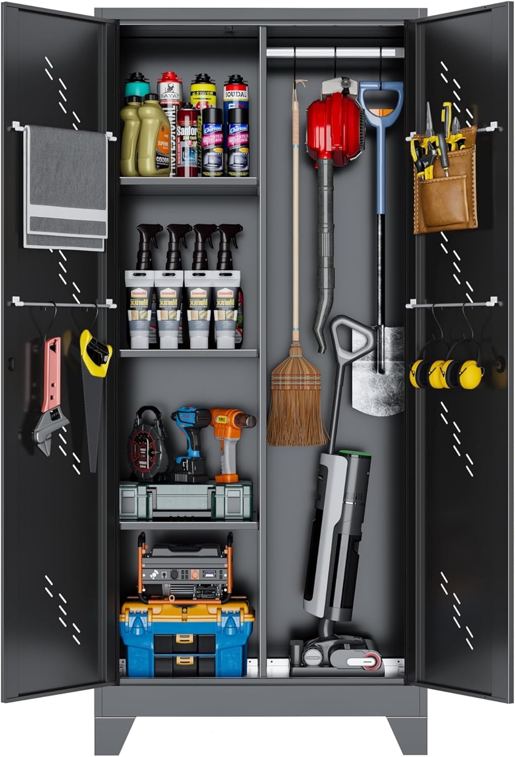 Metal Garage Storage Cabinet with Locking Doors, 71" Tall Broom Closet Storage Cabinet, Heavy Duty Garage Organization Cabinets, Steel Cabinet with Hanging Rod, Assembly Required - Lumora Casa