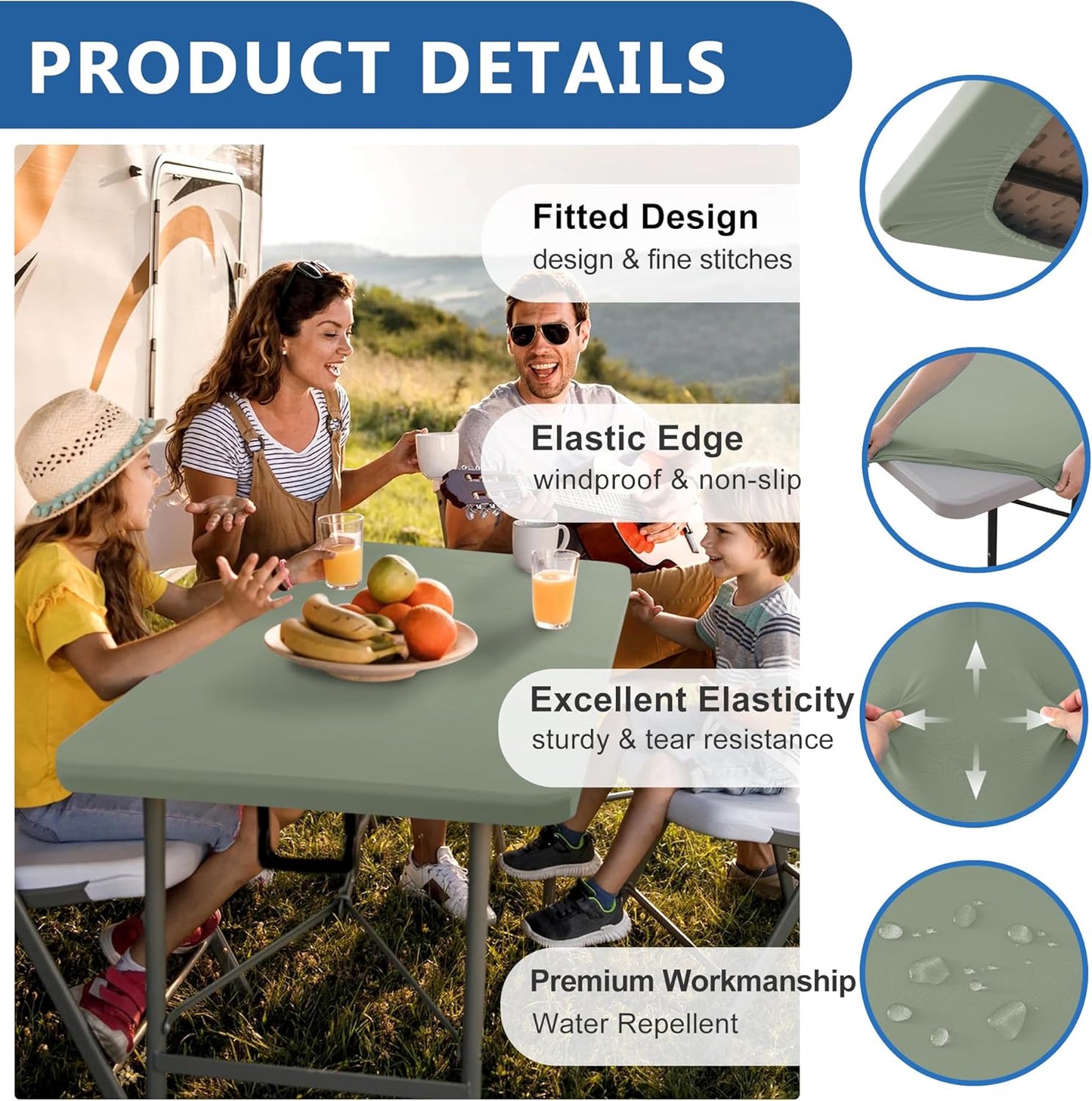 Fitted Tablecloth for 8 Foot Rectangle Tables-6 Pack Sage Elastic Outdoor Picnic Table Cover-Spandex Stretch Folding Table Cloths 8ft for Camping Dining Room Patio Kitchen Banquet Party