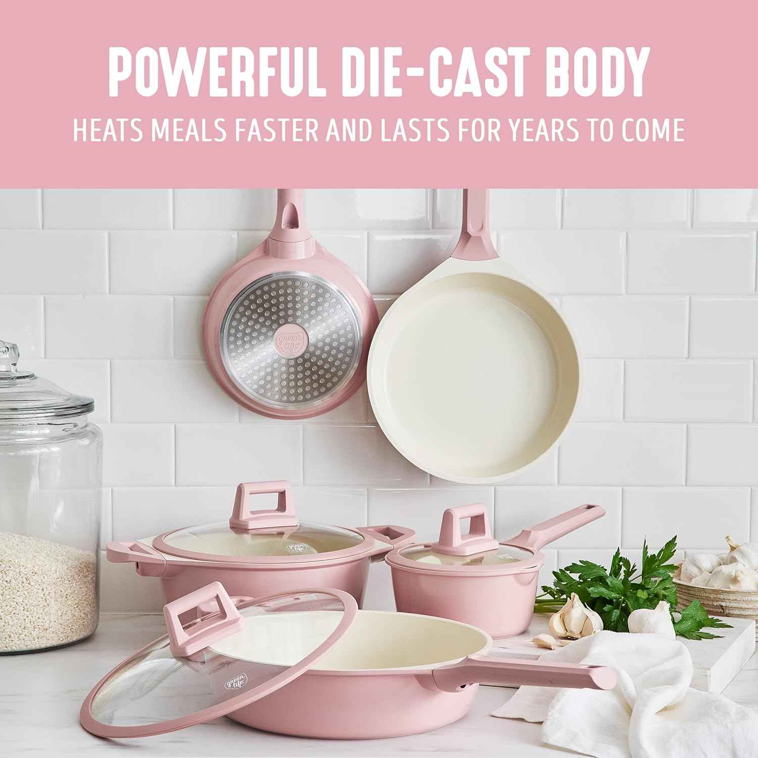 GreenLife 8 Piece Ceramic Nonstick Cookware Set, Induction Suitable Non Toxic PFAS-Free Pots & Pans, Dishwasher Safe, Cooking Set, Stock Pot, Saucepans & Frying Pans, Kitchen Cooking, Light Pink