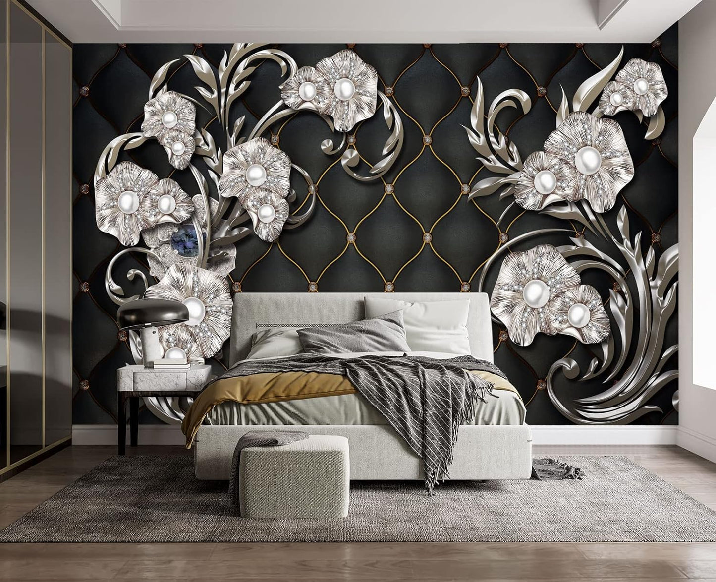 Black Hard Wrapped Pearl Embossed Flowers Wall Mural Wallpaper for Bedroom 178" x 117"