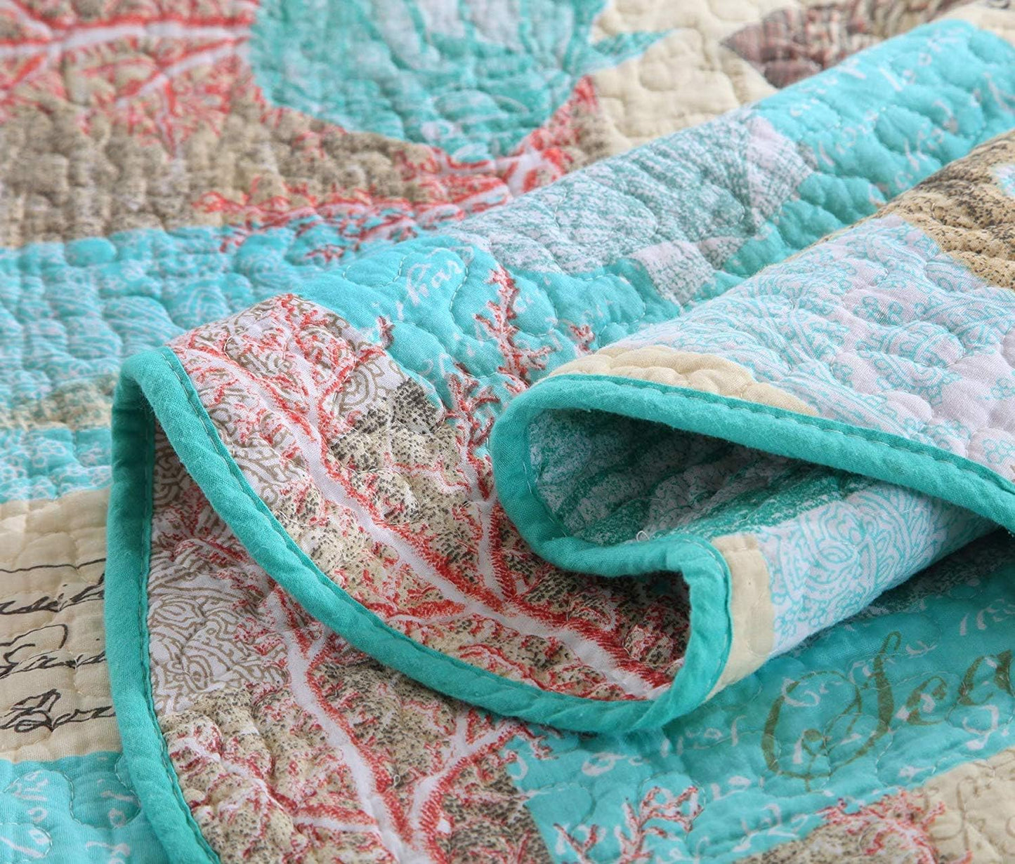 YAYIDAY Quilts Queen Size Bedspread Set - 100% Cotton Reversible Breathable Star Fish Coral Shell Style Quilted Quilt with Pillow Shams for All Seasons