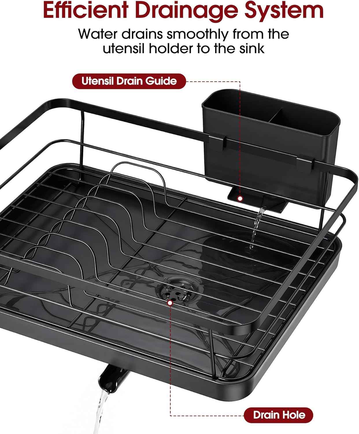 Sakugi Stainless Steel Dish Drying Rack for Kitchen Counter, Sink Organization and Storage Essentials with Silverware & Utensil Holder, Home and Apartment Decor, 12''W x 15.5''L, Black