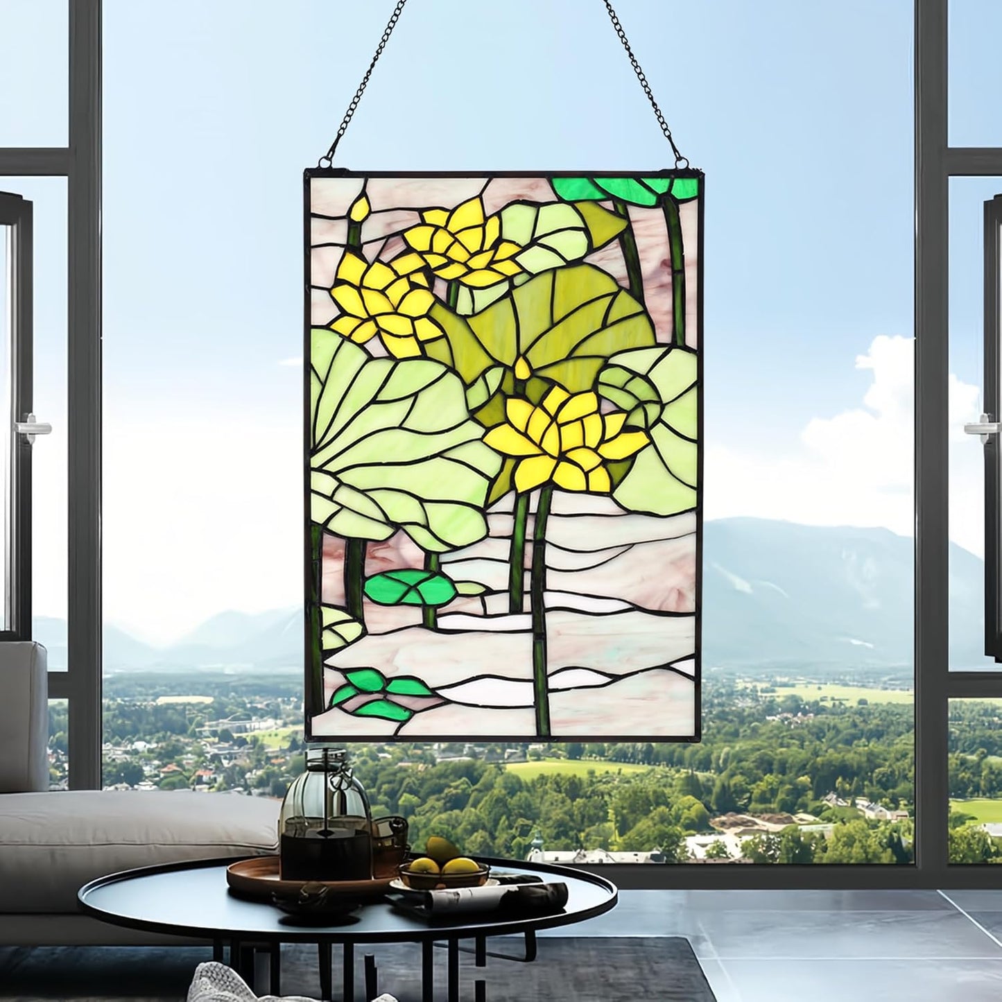YOURANJU Stained Glass Window Hanging 16" H x 11" W Tiffany Style Rectangular Window Panel Suitable for Living Room Bedroom Kitchen Window Decoration Hangings with Chain (Lotus)