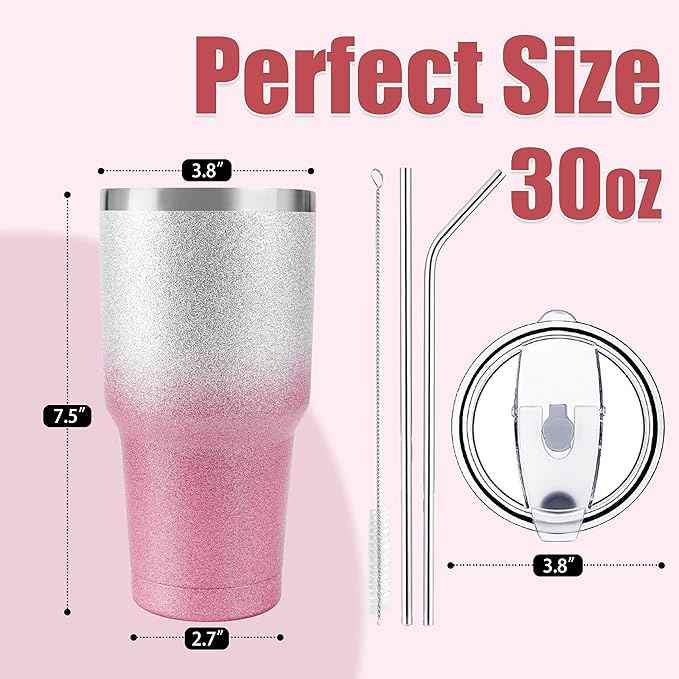 D·S 30 oz Tumbler Pink Glitter Gradient Cup Stainless Steel Double Wall Vacuum Insulated Mug with Straw and Lid, Cleaning Brush for Cold and Hot Beverages