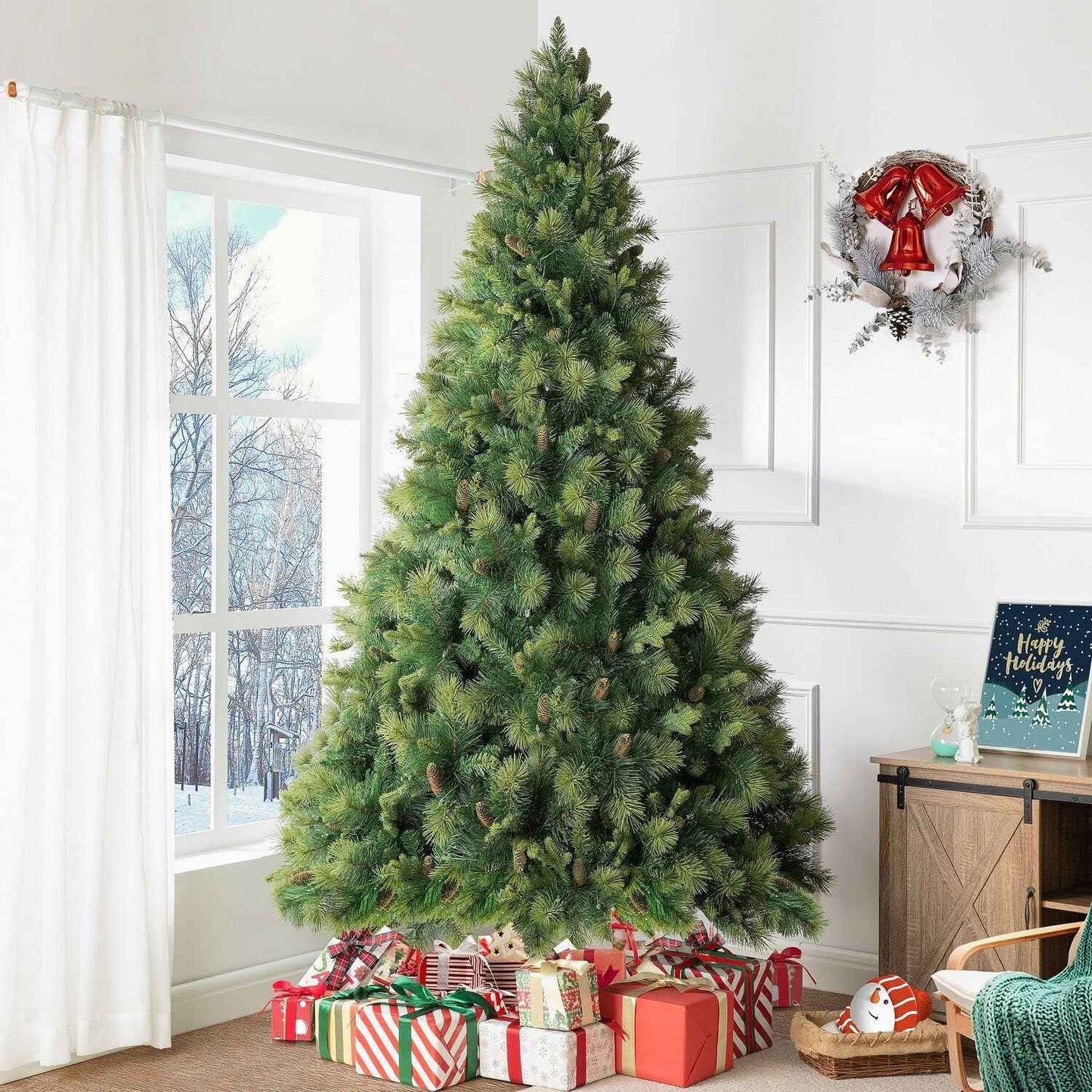 Naomi Home Vail 9ft Prelit Artificial Christmas Tree with Pine Cones, Foot Pedal, 2294 Branch Tips, 1050 Warm Lights and Metal Stand, 62" Wide Realistic Traditional Christmas Tree with Lights
