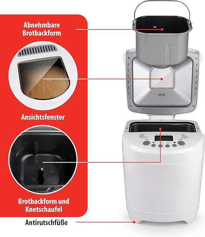 alpina Bread maker - Bread machine - small to large Breads: 450-680-900g - Timer - 12 Baking programs - also for Cake, Jam and Ketchup - 600W, White