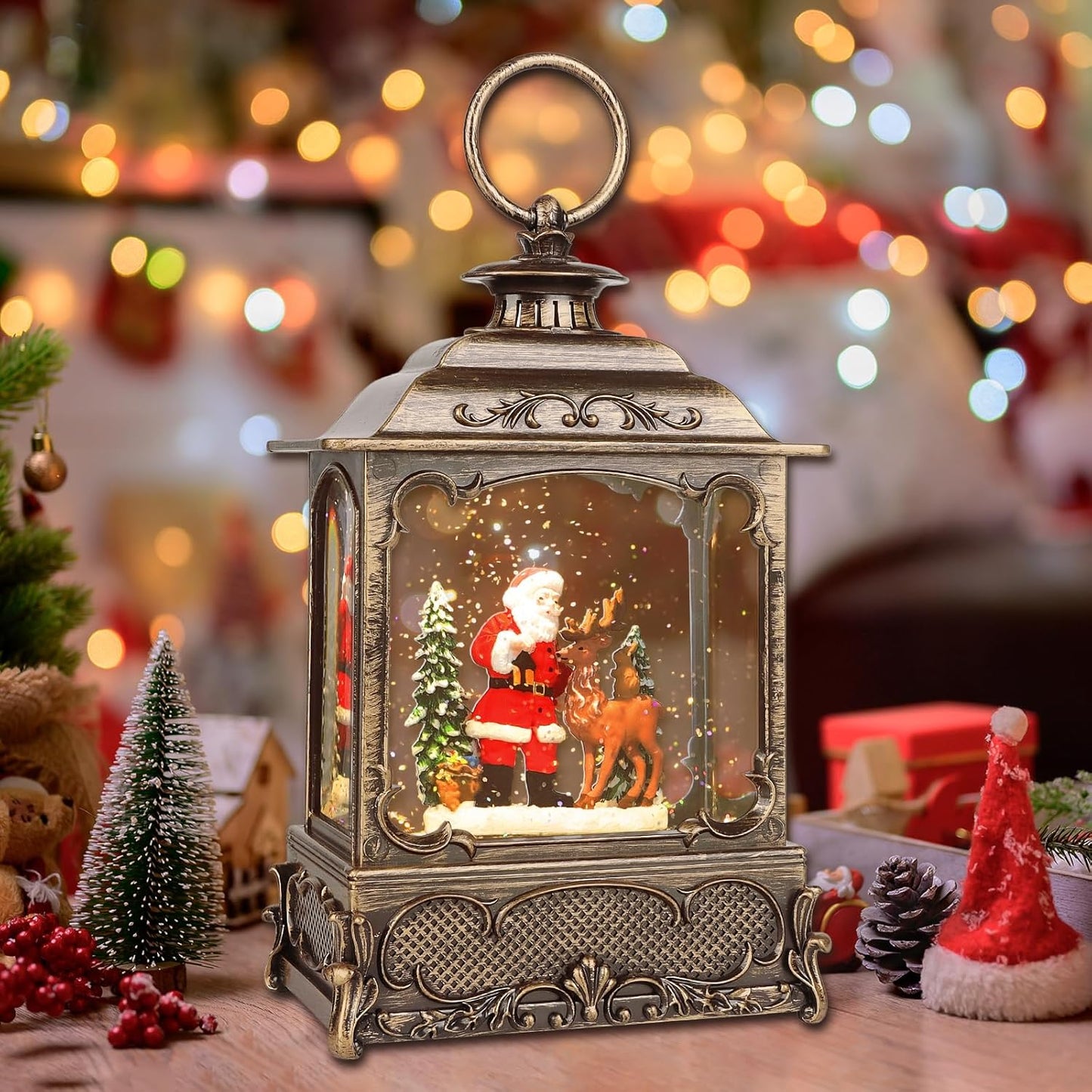 Christmas Snow Globes,Christmas Decorations for Home,with 6 Hour Timer,Musical Snow Globe,Battery Or USB Powered,Christmas Lantern,Christmas Festival Decor, Santas Reindeer