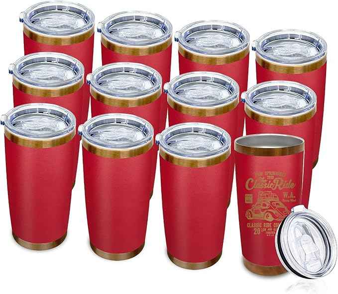 20 oz Tumblers Stainless Steel Tumbler with Lid and Straw Insulated Copper Coffee Mug for Laser Graving 22oz Powder Coated Cup(Red,12 pack)