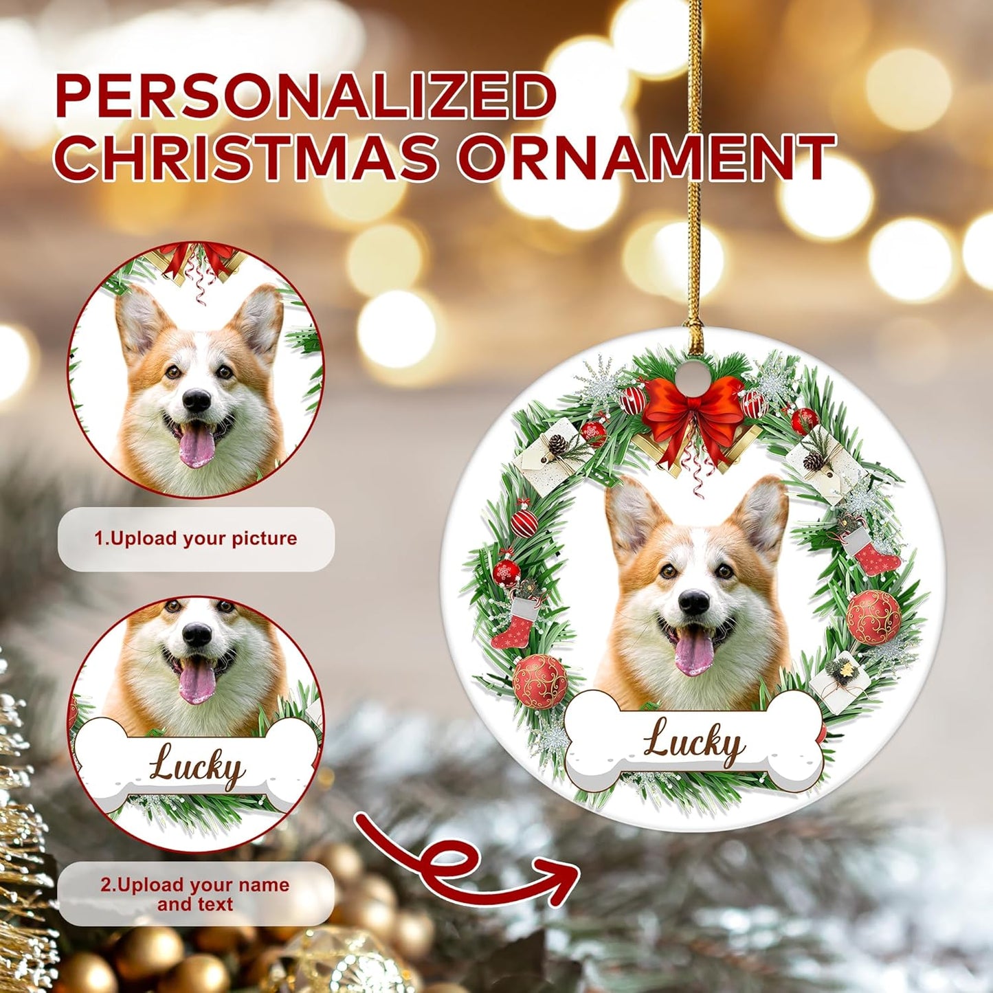 Printed in The USA - Personalized Dog Cat Ornaments with Photo Text, Dog Ornaments for Christmas Tree, Custom Pet Ornament, Puppy 1st Xmas Gifts, Personalized Gifts for Christmas for Pet Lovers