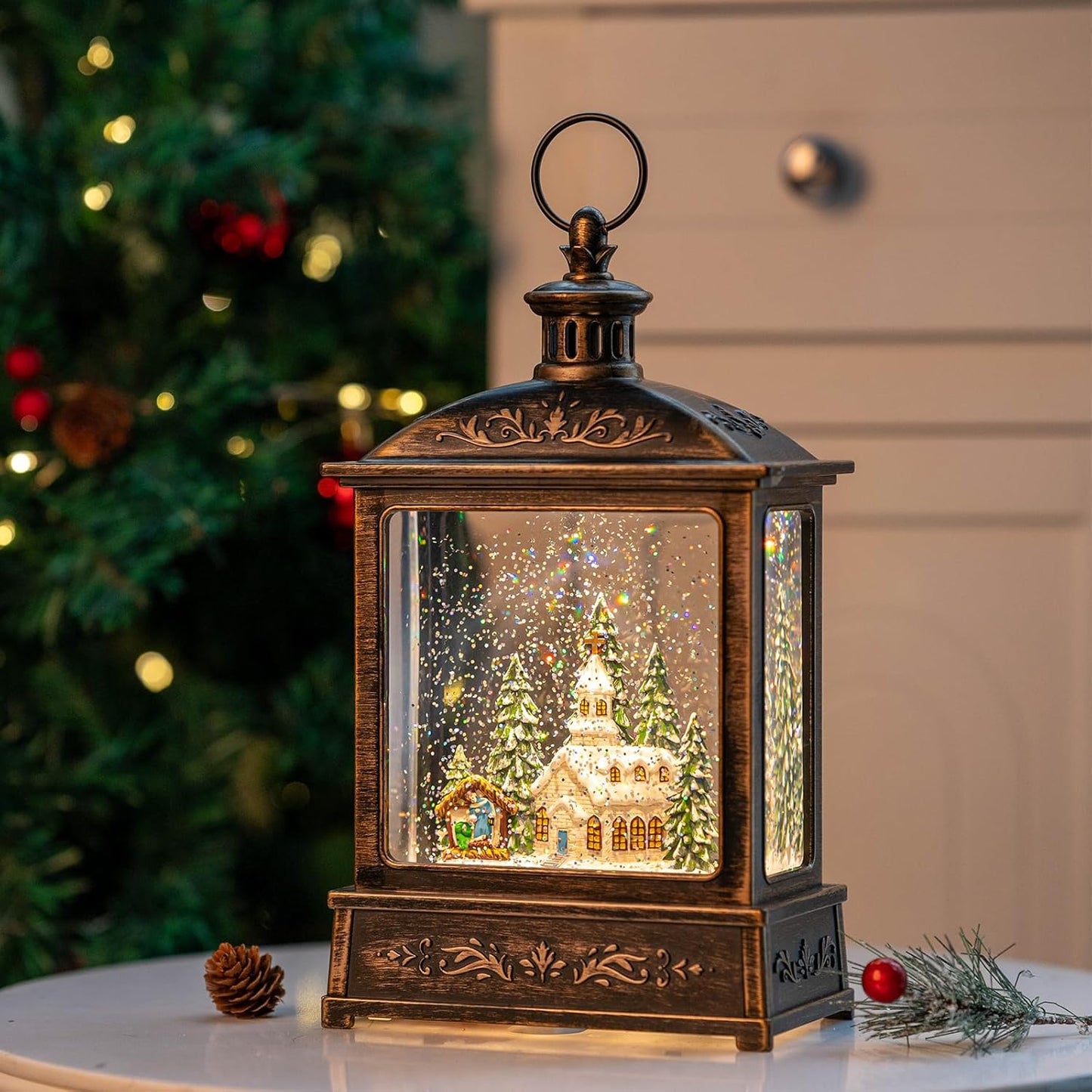 Christmas Snow Globe Lantern Water Glittering Churche & Manger Scene with Music & Timer, USB Lined/Battery Operated Lighted Lantern for Christmas Festival Decoration Gifts