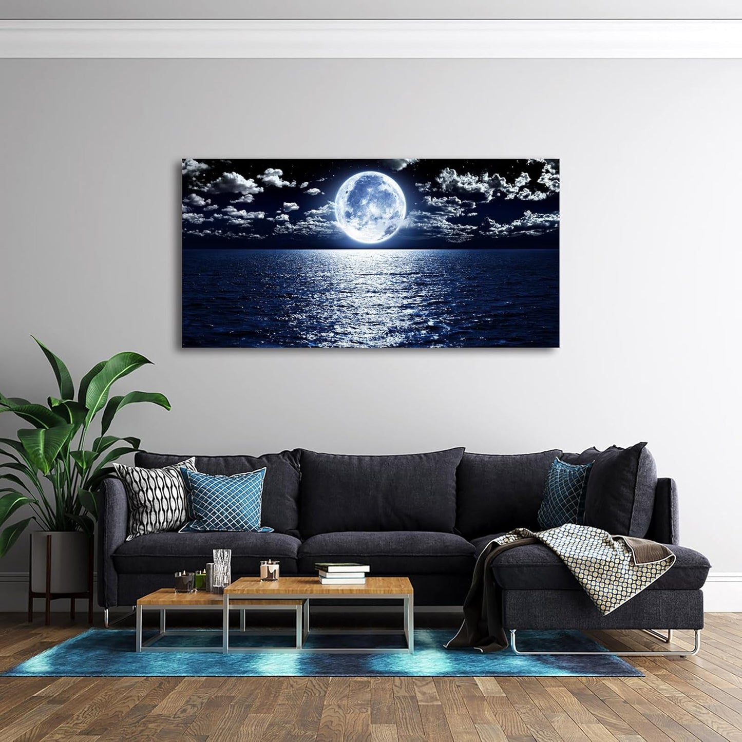 Cao Gen Decor Art S06962 Wall Art Canvas Prints Moon Sea Ocean Landscape 1 Panels Full Moon in Cloud Pictures Paintings Stretched and Framed for Living Room Bedroom Kicthen Office Artwork 24x48inch