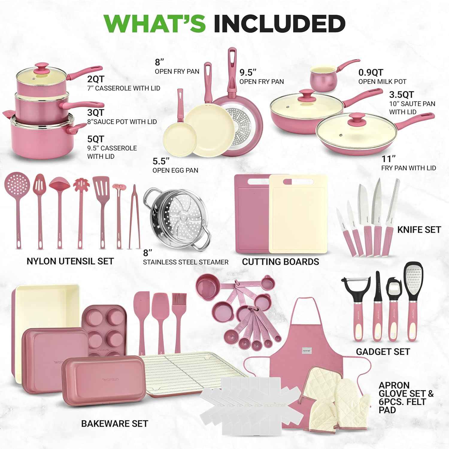 NutriChef 54-Piece Kitchen Cookware Set – Complete Non-Stick Ceramic Pots and Pans Set with Utensils, Bakeware, and Knife Set, Gas, Electric & Induction Compatible, Blush Pink Kitchen Essentials