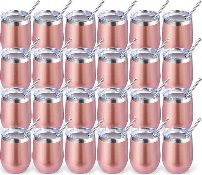 Volhoply 12oz Stainless Steel Wine Tumbler with Lid Bulk 24 Pack,Double Wall Vacuum Stemless Wine Glasses,Reusable Metal Travel Coffee Mug with Straw,Insulated Cup Gift for Christmas（Rose Gold,24 Set）