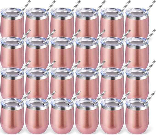 Volhoply 12oz Stainless Steel Wine Tumbler with Lid Bulk 24 Pack,Double Wall Vacuum Stemless Wine Glasses,Reusable Metal Travel Coffee Mug with Straw,Insulated Cup Gift for Christmas（Rose Gold,24 Set）
