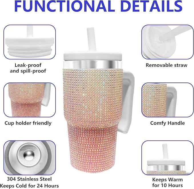 20-OZ Insulated Water Bottle,Insulated Stainless Steel Tumbler,Reusable Cold Drink Thermos,BPA-Free, Double-Wall Stainless Steel Water Bottle (Pink White Gradient-Diamond, 20, Fluid Ounces)