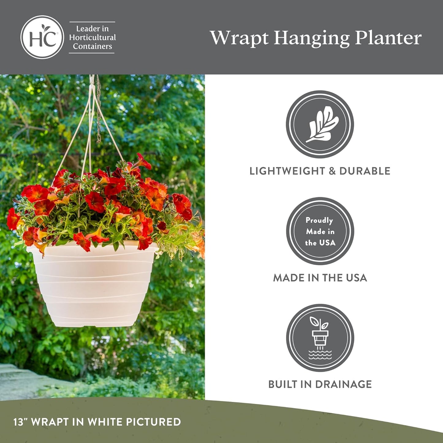 The HC Companies Wrapt Hanging Planters - Lightweight Plant Pot Hanger for Hanging Plants, Vegetables & Herbs - Outdoor & Indoor Hanging Basket for Plants (13" Green, Pack of 2)
