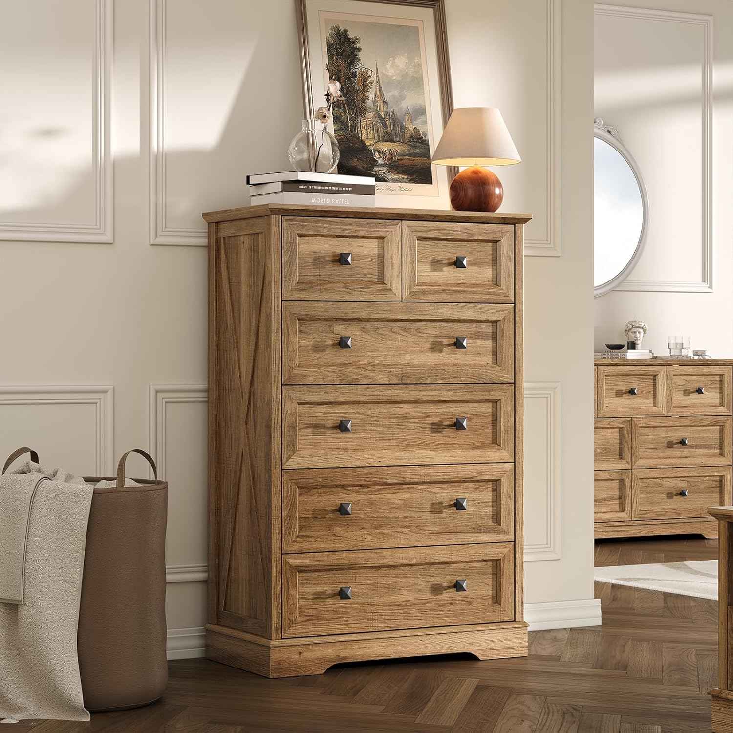 Farmhouse 6 Drawers Dresser Chests for Bedroom, Rustic 6 Chest of Drawers, Wood Dressers Organizer for Closet, Modern Storage Organizer Cabinet for Living Room, Hallway, Entryway, Natural Oak