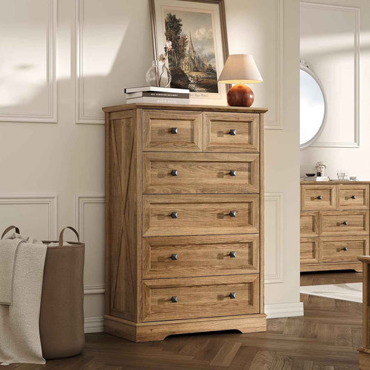 Farmhouse 6 Drawers Dresser Chests for Bedroom, Rustic 6 Chest of Drawers, Wood Dressers Organizer for Closet, Modern Storage Organizer Cabinet for Living Room, Hallway, Entryway, Natural Oak