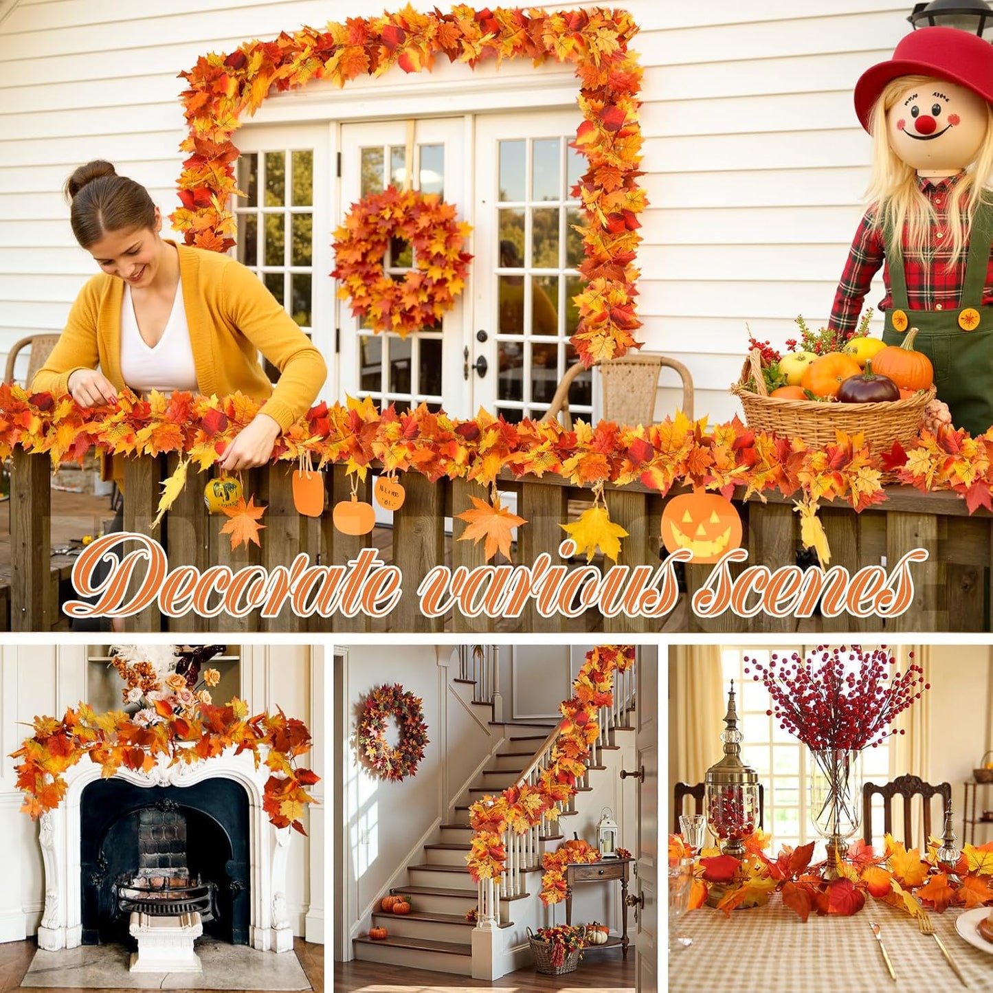 Joyhalo 2 Pack Fall Leaves Garland Indoor Outdoor Fall Decor,Hanging Maple Leaves Garland for Mantle, Door Frame,Fireplace and Thanksgiving Decor