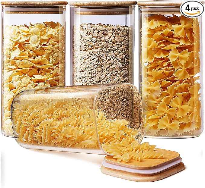 HomArtist Square Glass Jars with Bamboo Lids 53 FL OZ [Set of 4], Glass Canisters with Airtight Lid, Glass Food Storage Containers for Pasta, Cereal, Coffee, Flour, Sugar, Best for Kitchen & Pantry