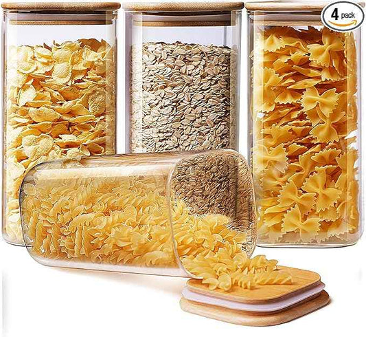 HomArtist Square Glass Jars with Bamboo Lids 53 FL OZ [Set of 4], Glass Canisters with Airtight Lid, Glass Food Storage Containers for Pasta, Cereal, Coffee, Flour, Sugar, Best for Kitchen & Pantry