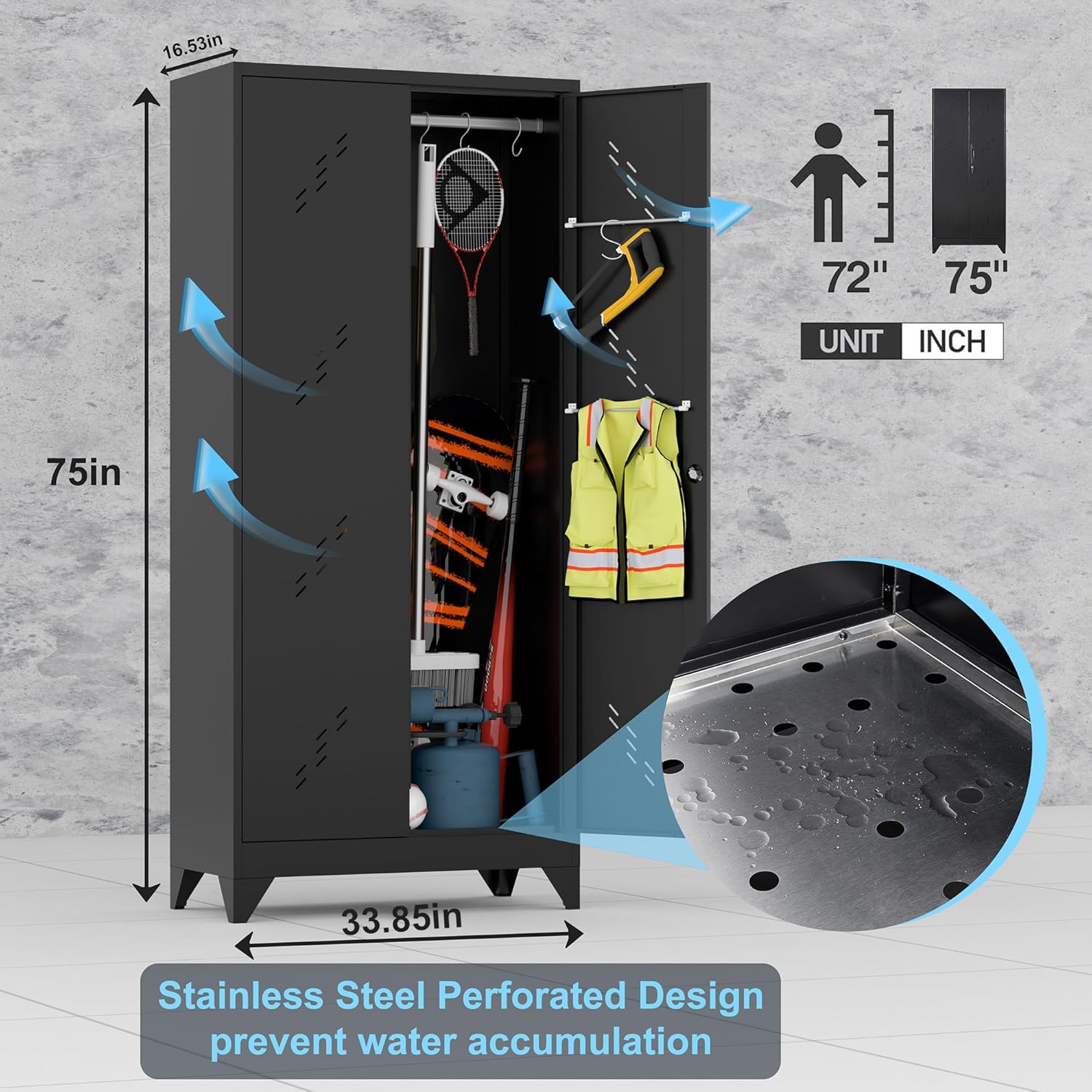 Metal Storage Cabinet with Lock Door, 75" Tall Garage Storage Cabinet with Hanging Rod, Broom Closet Bathroom Storage Cabinet, Cleaning Tool Cabinet - Lumora Casa