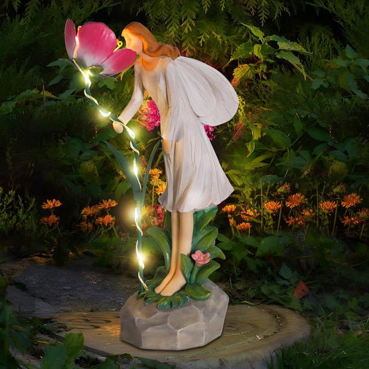Fairy Garden Statue Outdoor Decor, Solar Powered Garden Sculptures Fairy Resin Statues Waterproof Pink Flower Solar LED Lights Yard Art Decorations for Outside Patio Lawn Decor