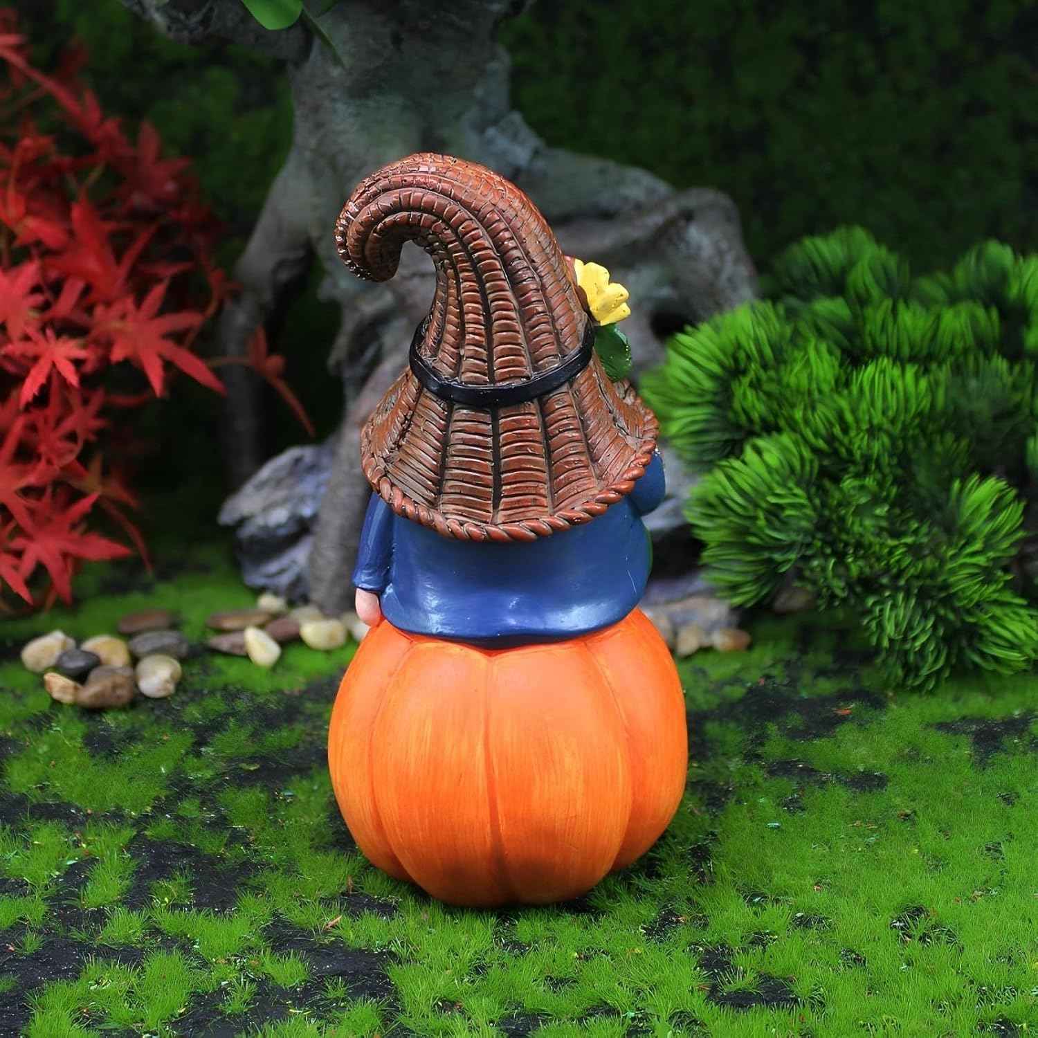 Garden Gnome Statue with Snail, Fall Pumpkin Decoration, 5.9 inch Height Gnome Figurine, Cute Thanksgiving Gifts, Outdoor Indoor Autumn Decor