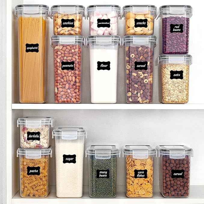 Vtopmart 32pcs Airtight Food Storage Containers Set, BPA Free Plastic Kitchen and Pantry Organization Canisters with Lids for Cereal, Dry Food, Flour and Sugar, Includes 32 Labels