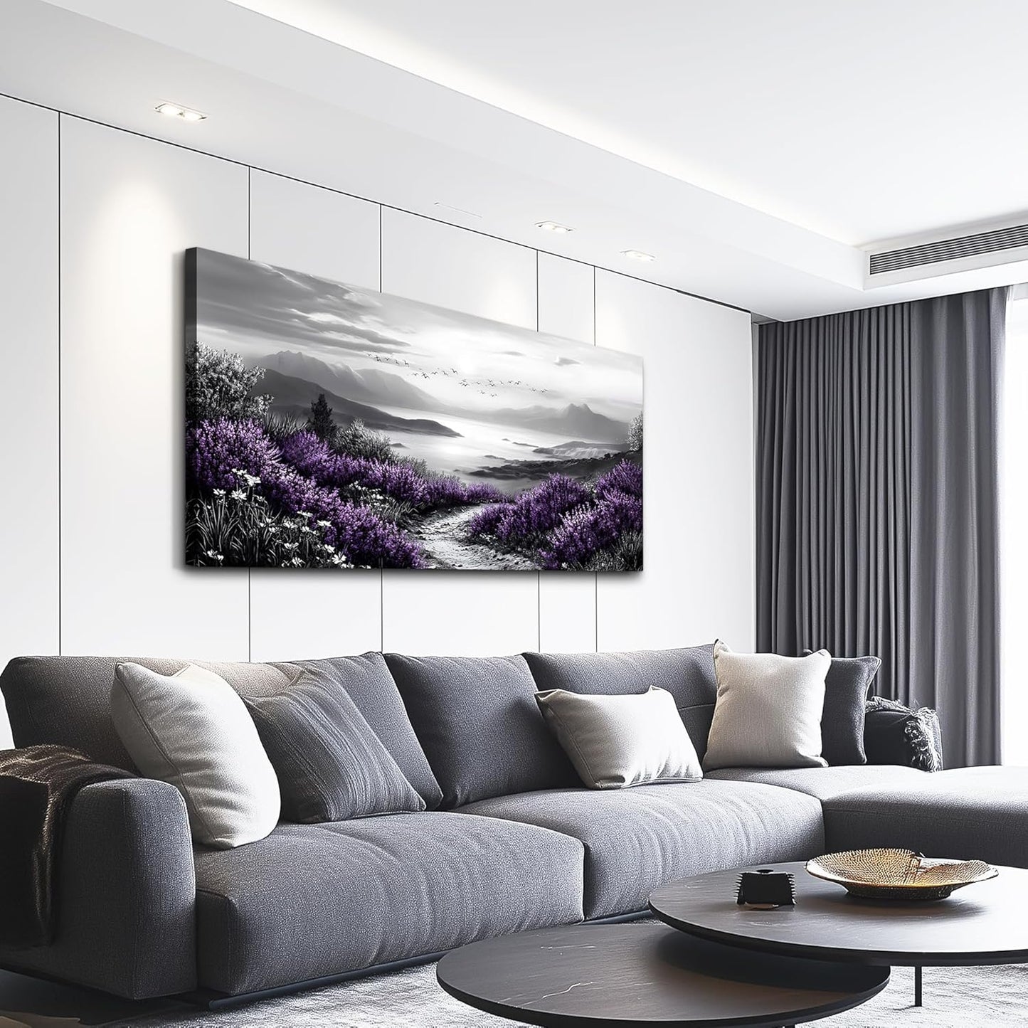 KELIYUAN Black And White Home Decoration Canvas Wall Art For Restaurant Natural Landscape Painting Printing Landscape Purple Grass Picture Suitable For Living Room Bedroom Office Wall Decor 20x40In
