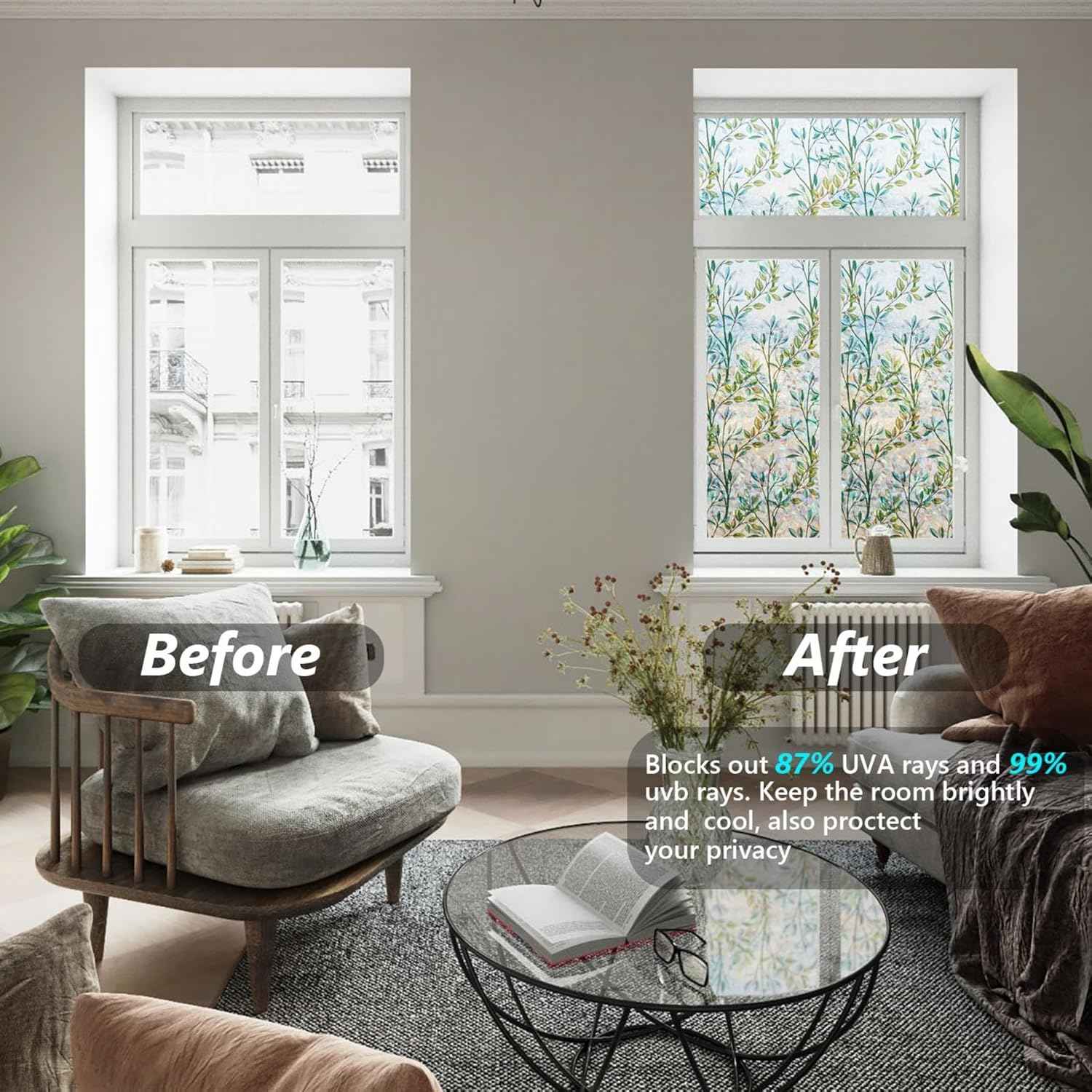 Finnez Window Privacy Film 3D Static Cling Window Film, No Glue Heat Control & 96% UV Blocking for Home Office, Decorative Frosted Glass Cover 17.5 Inch x 6.5 Feet